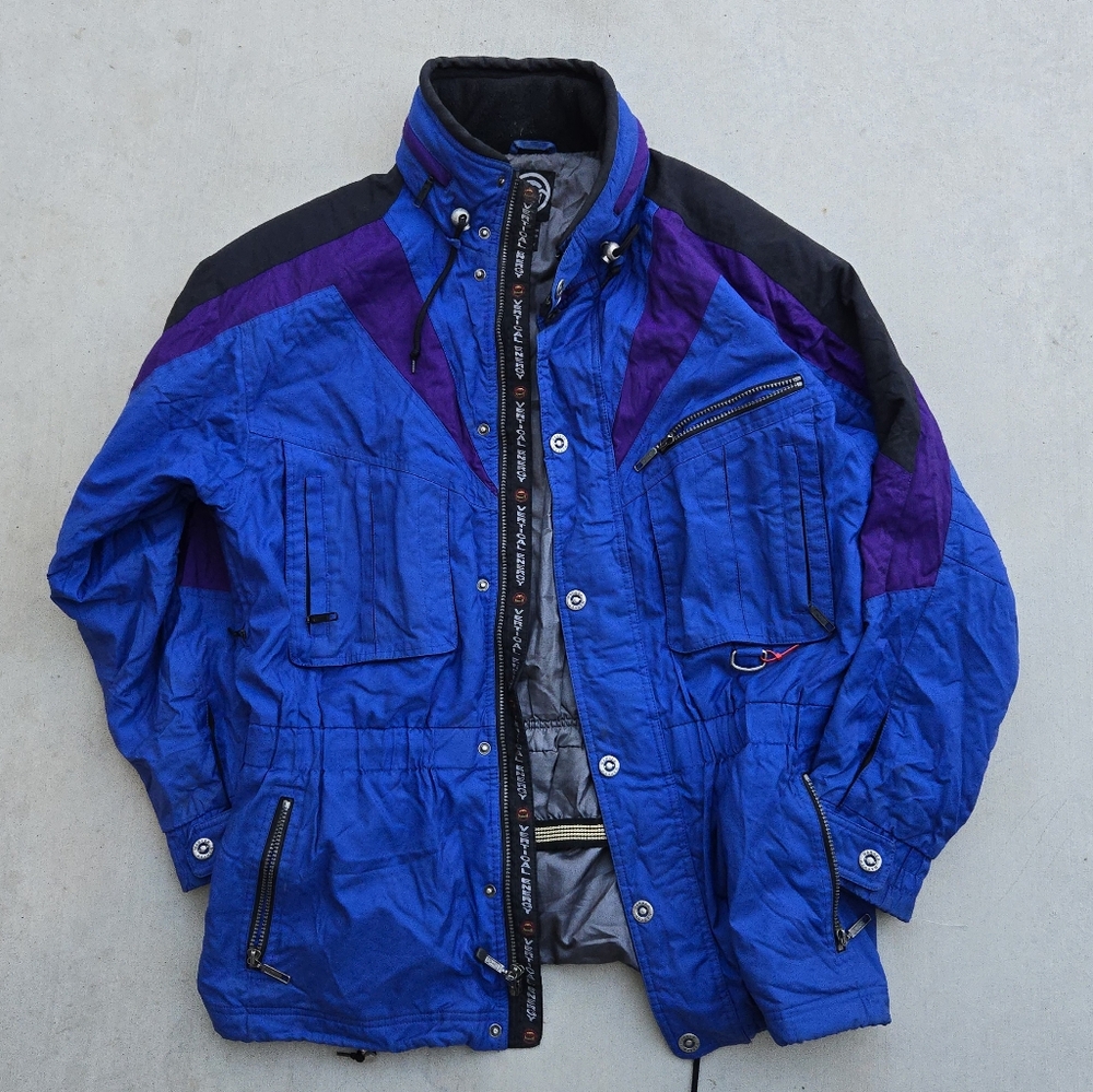 Marker LTD vintage cinched lined ski jacket size L blue and purple
